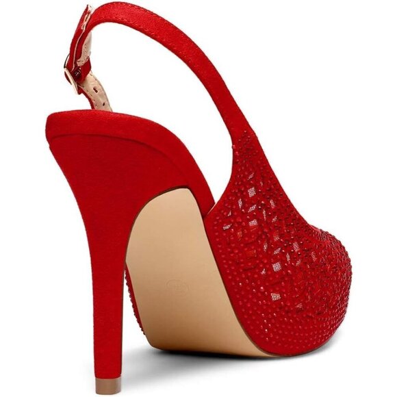 ⭐ Women's High Heels Red Suede Rhinestones Peep Toe Pumps Shoes - Picture 4 of 5